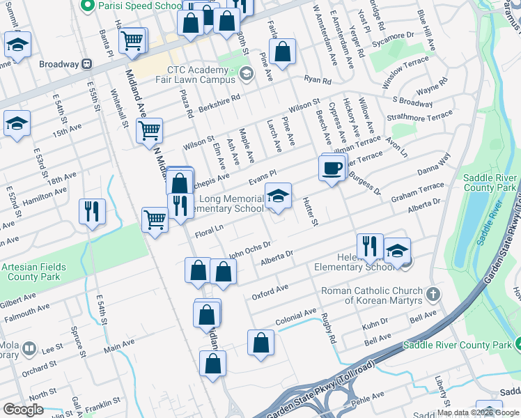 map of restaurants, bars, coffee shops, grocery stores, and more near 287 Floral Lane in Saddle Brook