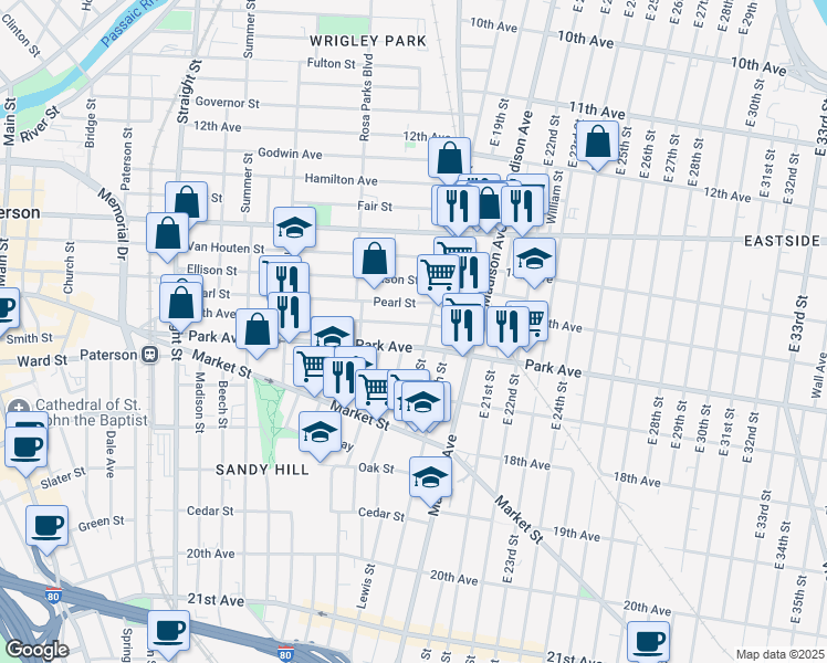 map of restaurants, bars, coffee shops, grocery stores, and more near 230 16th Avenue in Paterson