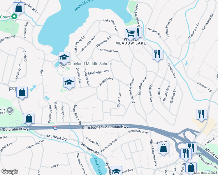 map of restaurants, bars, coffee shops, grocery stores, and more near 15 Nokomis Avenue in Rockaway