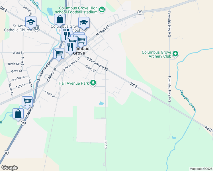 map of restaurants, bars, coffee shops, grocery stores, and more near 212 S Elm St in Columbus Grove