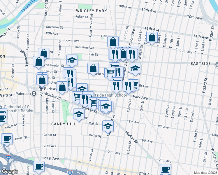 map of restaurants, bars, coffee shops, grocery stores, and more near 230 16th Avenue in Paterson