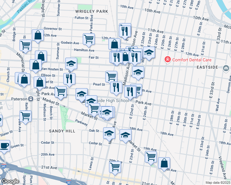 map of restaurants, bars, coffee shops, grocery stores, and more near 262 16th Avenue in Paterson