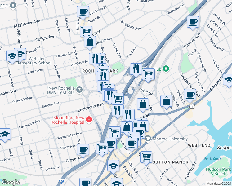 map of restaurants, bars, coffee shops, grocery stores, and more near 29 Park Place in New Rochelle