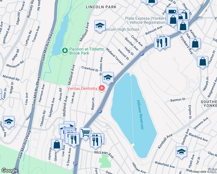 map of restaurants, bars, coffee shops, grocery stores, and more near 287 Central Park Ave in Yonkers