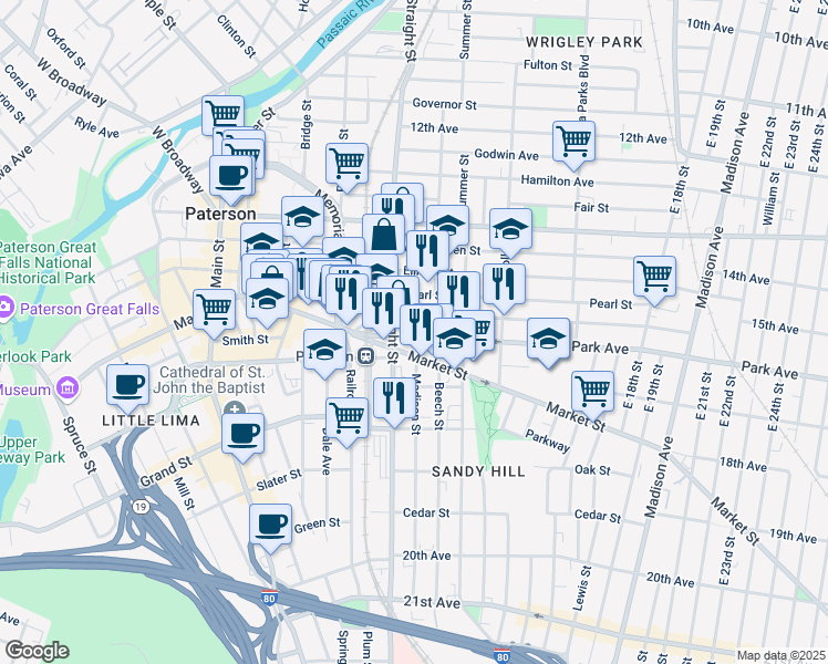 map of restaurants, bars, coffee shops, grocery stores, and more near 33 Park Avenue in Paterson