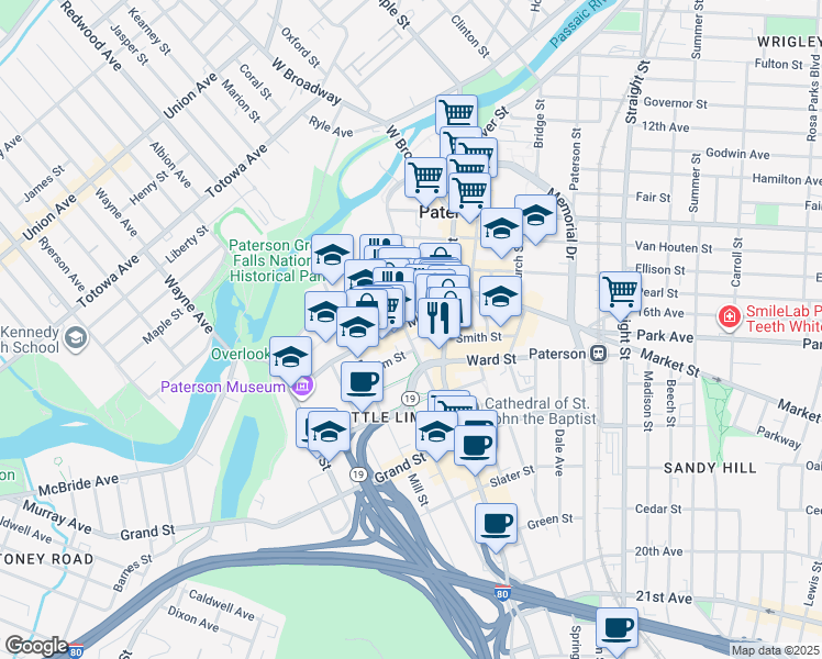 map of restaurants, bars, coffee shops, grocery stores, and more near 78 Market Street in Paterson
