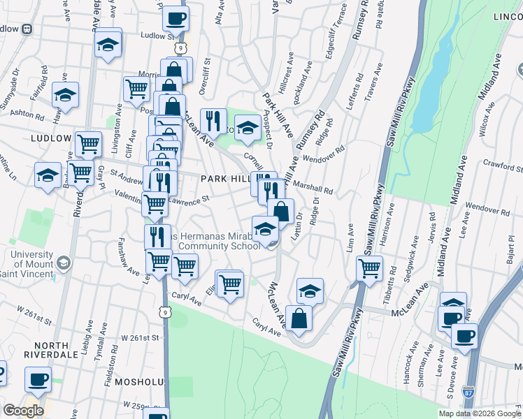 map of restaurants, bars, coffee shops, grocery stores, and more near in Yonkers