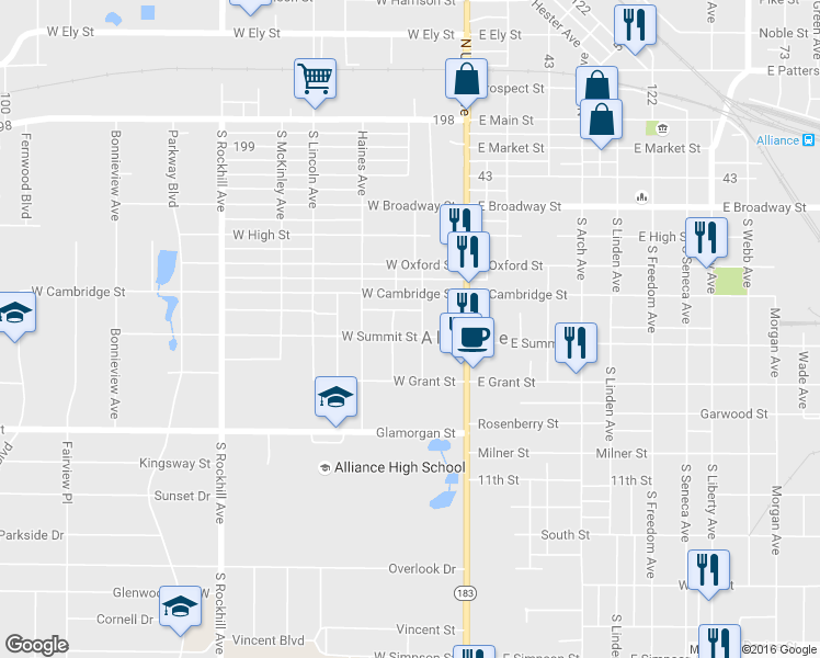 map of restaurants, bars, coffee shops, grocery stores, and more near 123 W Summit St in Alliance