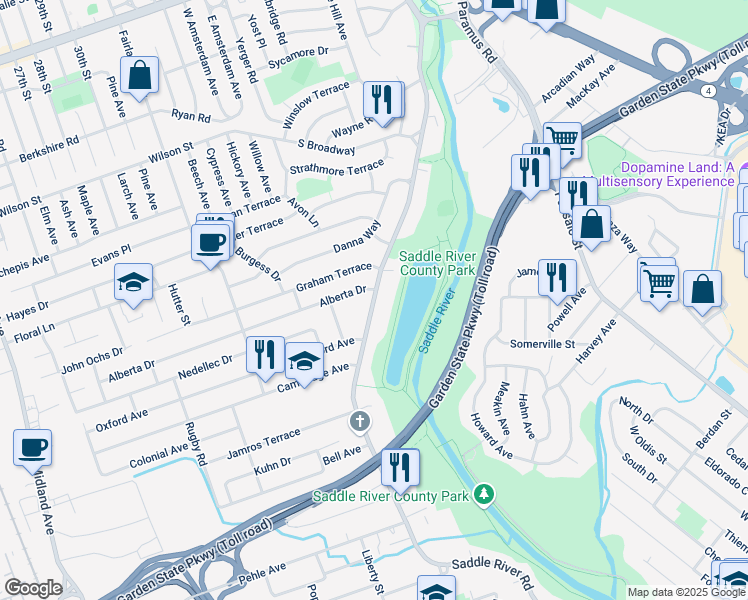 map of restaurants, bars, coffee shops, grocery stores, and more near 718 Saddle River in Saddle Brook