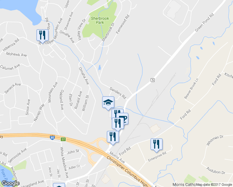 map of restaurants, bars, coffee shops, grocery stores, and more near 8 Sanders Road in Rockaway