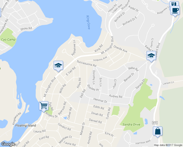map of restaurants, bars, coffee shops, grocery stores, and more near 624 Dorothy Lane in Mount Arlington