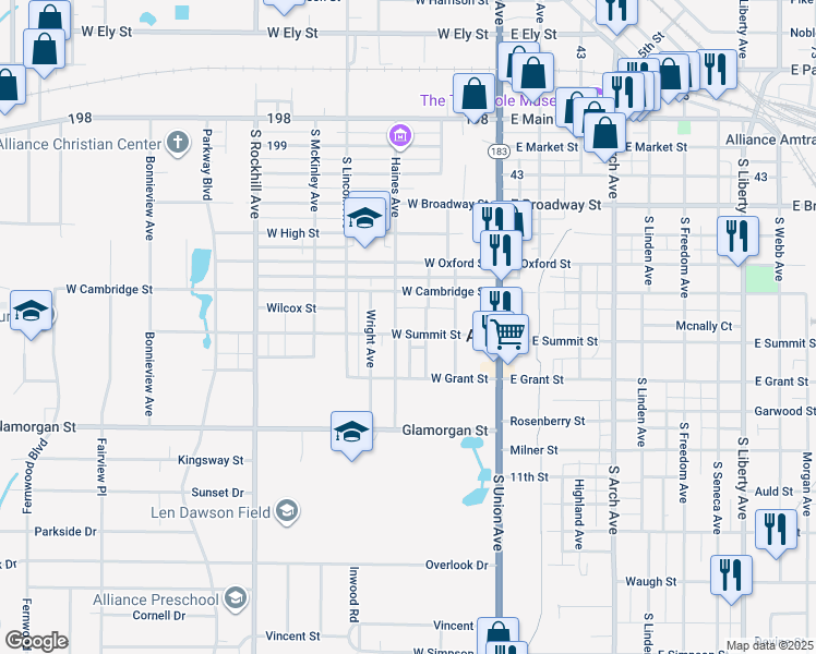 map of restaurants, bars, coffee shops, grocery stores, and more near 237 West Summit Street in Alliance