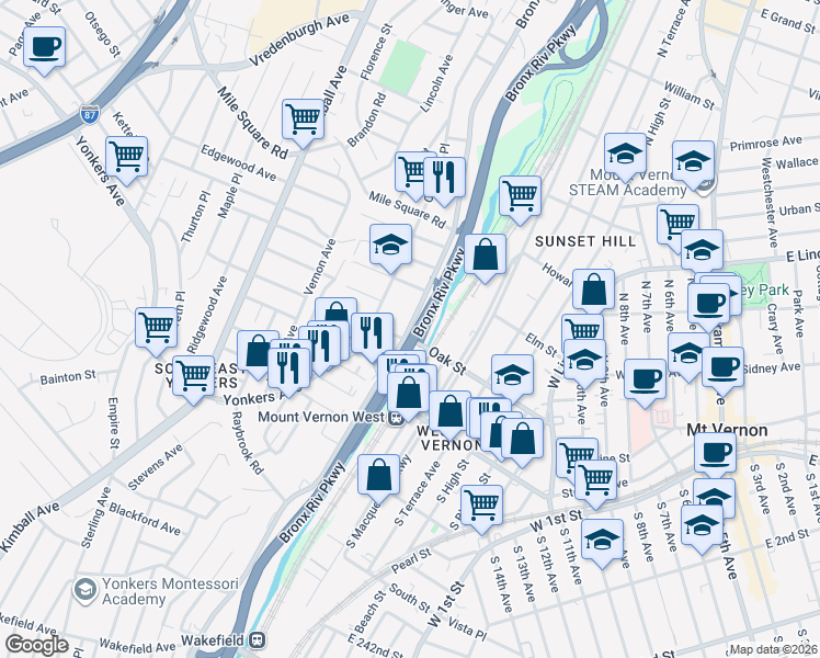 map of restaurants, bars, coffee shops, grocery stores, and more near in Yonkers