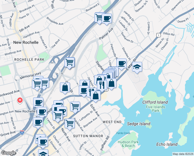 map of restaurants, bars, coffee shops, grocery stores, and more near 41 Rhodes Street in New Rochelle