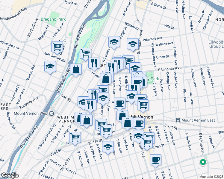map of restaurants, bars, coffee shops, grocery stores, and more near 136 North 9th Avenue in Mount Vernon