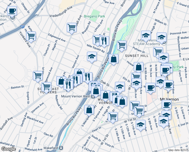 map of restaurants, bars, coffee shops, grocery stores, and more near in Yonkers