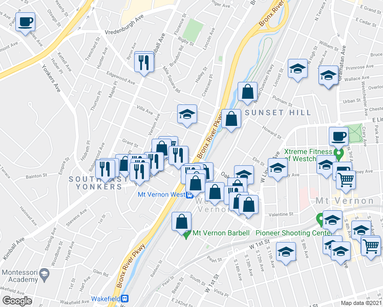 map of restaurants, bars, coffee shops, grocery stores, and more near in Yonkers