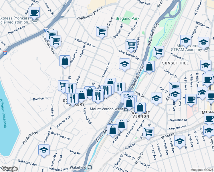 map of restaurants, bars, coffee shops, grocery stores, and more near 24 Vernon Place in Yonkers