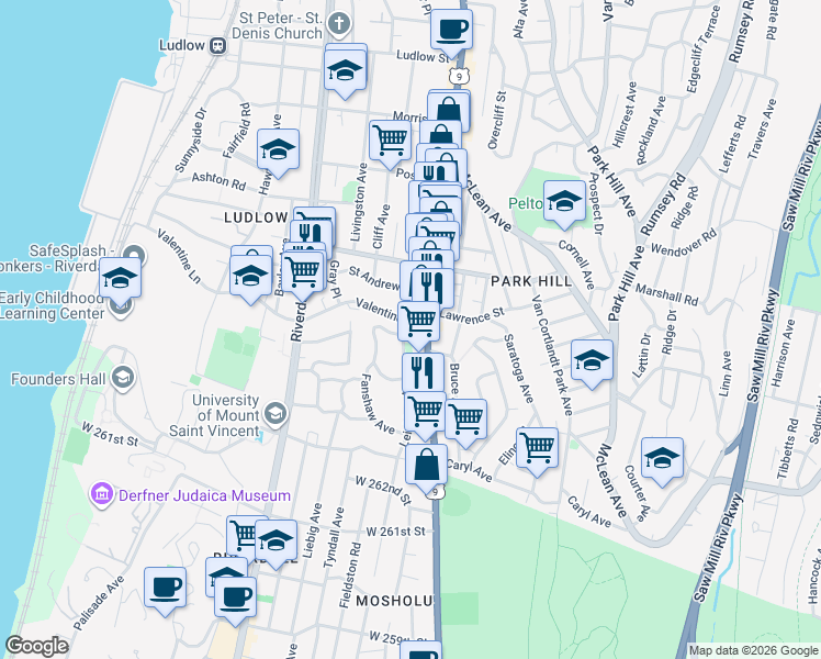map of restaurants, bars, coffee shops, grocery stores, and more near 256 Valentine Lane in Yonkers