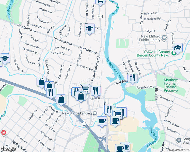 map of restaurants, bars, coffee shops, grocery stores, and more near 215 Kinderkamack Road in River Edge