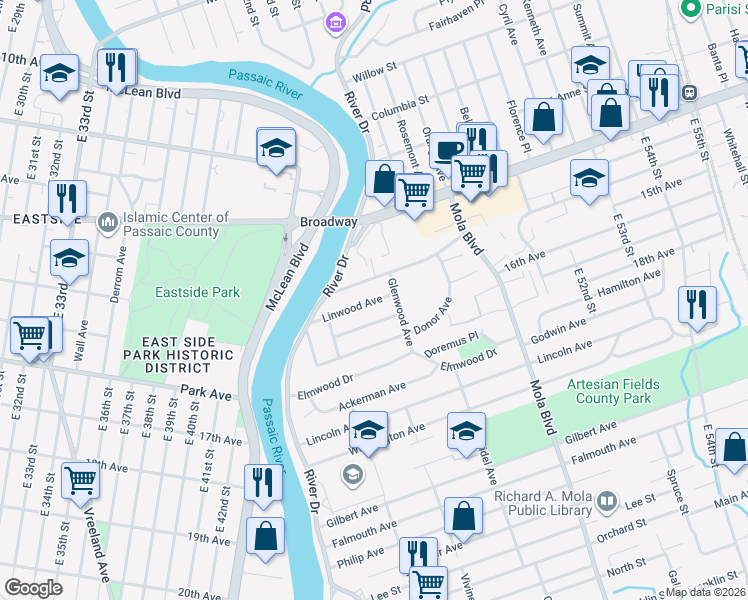 map of restaurants, bars, coffee shops, grocery stores, and more near 42 Linwood Avenue in Elmwood Park