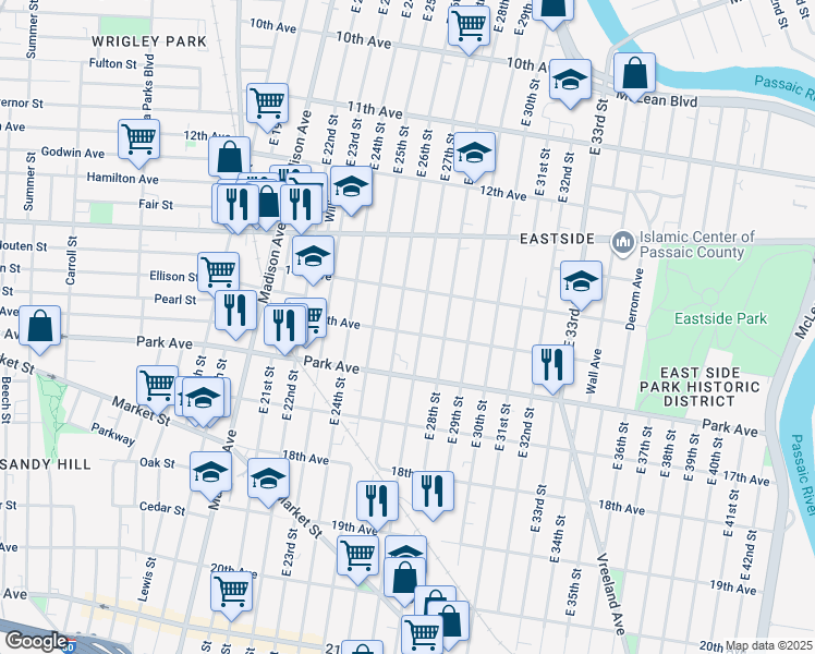 map of restaurants, bars, coffee shops, grocery stores, and more near 643 East 27th Street in Paterson