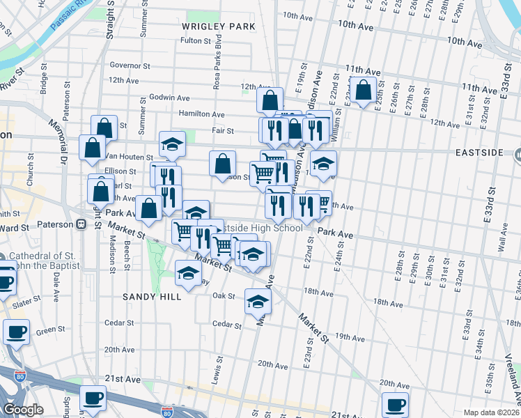 map of restaurants, bars, coffee shops, grocery stores, and more near 230 16th Avenue in Paterson