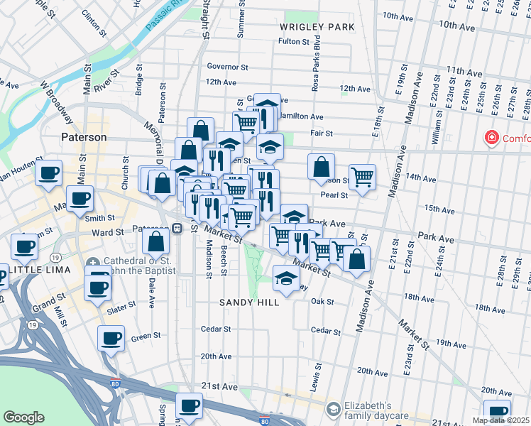 map of restaurants, bars, coffee shops, grocery stores, and more near 115 Park Avenue in Paterson