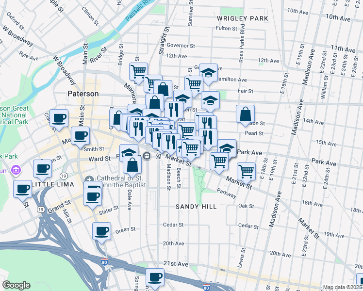 map of restaurants, bars, coffee shops, grocery stores, and more near 51/57 Park Avenue in Paterson