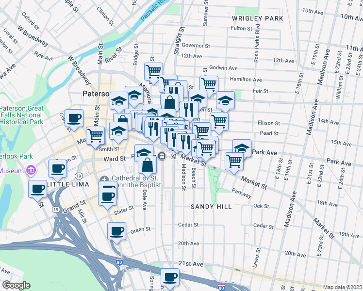 map of restaurants, bars, coffee shops, grocery stores, and more near 21 Park Avenue in Paterson