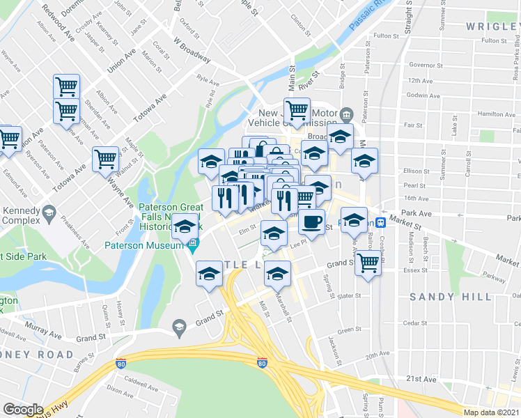 map of restaurants, bars, coffee shops, grocery stores, and more near 74 Market Street in Paterson