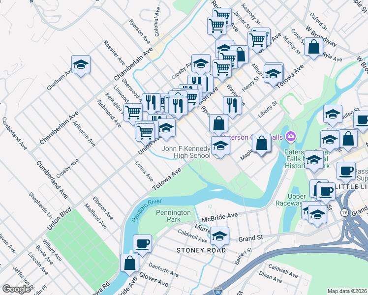 map of restaurants, bars, coffee shops, grocery stores, and more near 11 Rossiter Avenue in Paterson