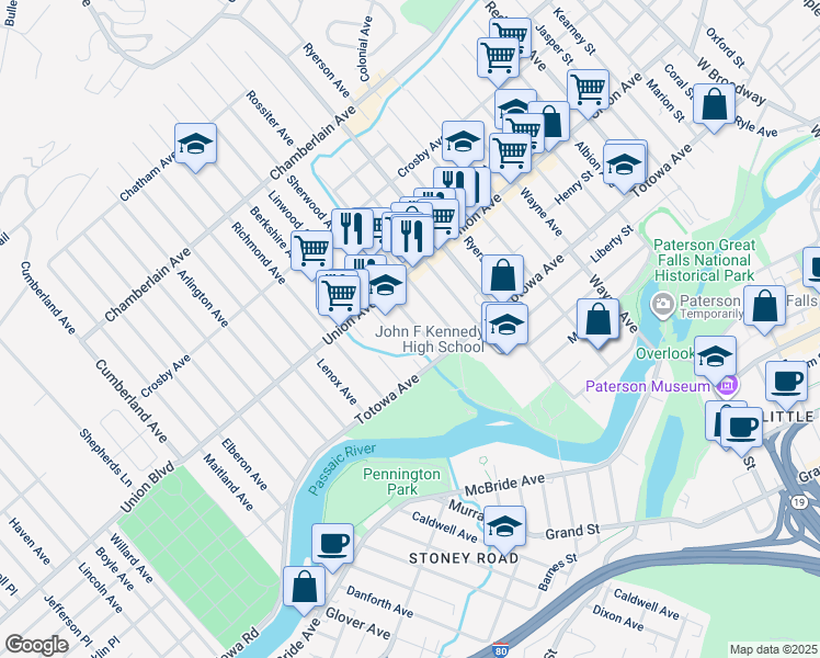 map of restaurants, bars, coffee shops, grocery stores, and more near 35A Sherwood Avenue in Haledon