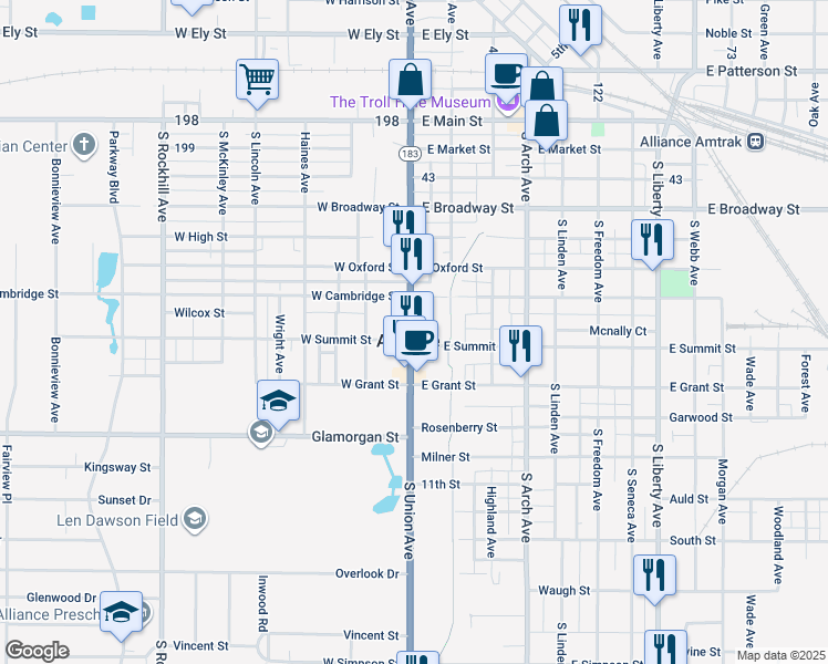 map of restaurants, bars, coffee shops, grocery stores, and more near 62 East Summit Street in Alliance
