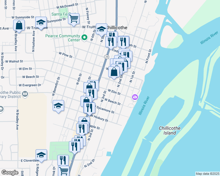 map of restaurants, bars, coffee shops, grocery stores, and more near 227 West Elm Street in Chillicothe