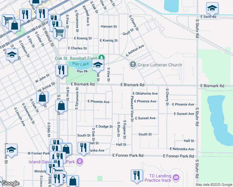map of restaurants, bars, coffee shops, grocery stores, and more near 778-898 South Vine Street in Grand Island