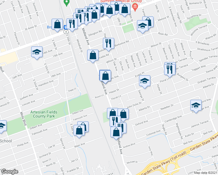 map of restaurants, bars, coffee shops, grocery stores, and more near 306 Evans Pl in Saddle Brook
