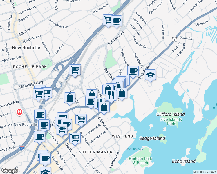 map of restaurants, bars, coffee shops, grocery stores, and more near 41 Rhodes Street in New Rochelle