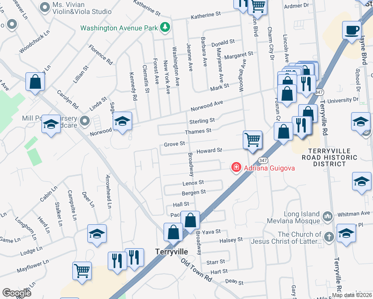 map of restaurants, bars, coffee shops, grocery stores, and more near 330 Broadway in Port Jefferson Station