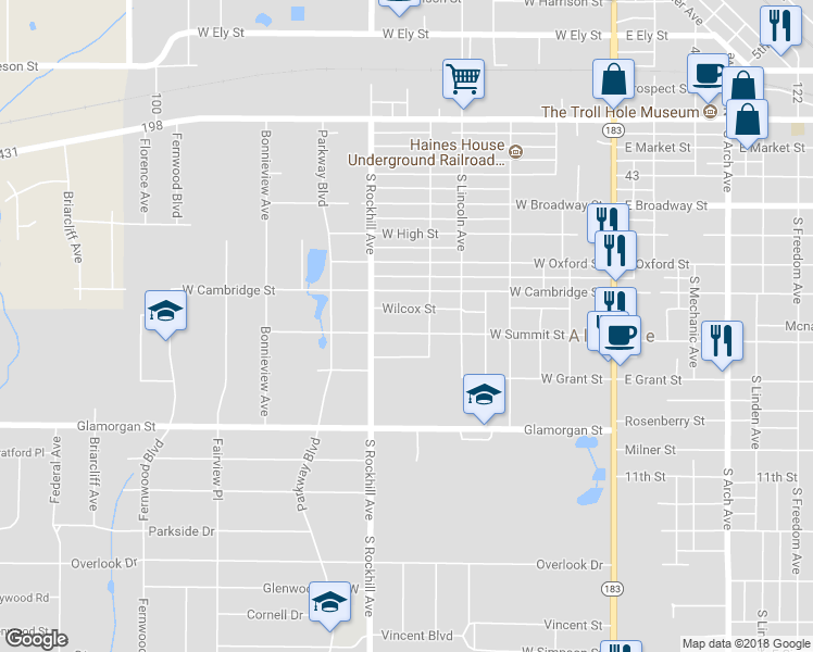 map of restaurants, bars, coffee shops, grocery stores, and more near 645 W Summit St in Alliance