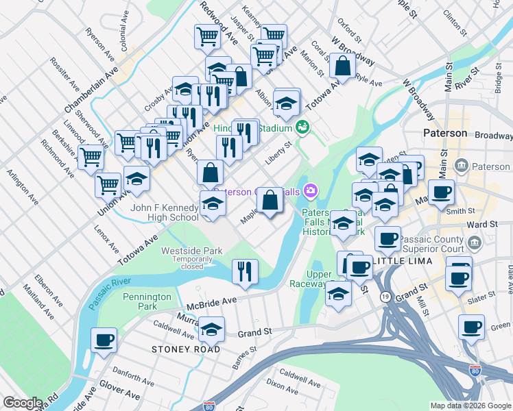 map of restaurants, bars, coffee shops, grocery stores, and more near 148 Walnut Street in Paterson
