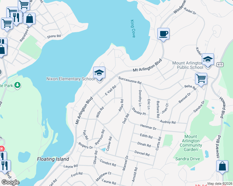 map of restaurants, bars, coffee shops, grocery stores, and more near 540 Ogden Road in Roxbury Township