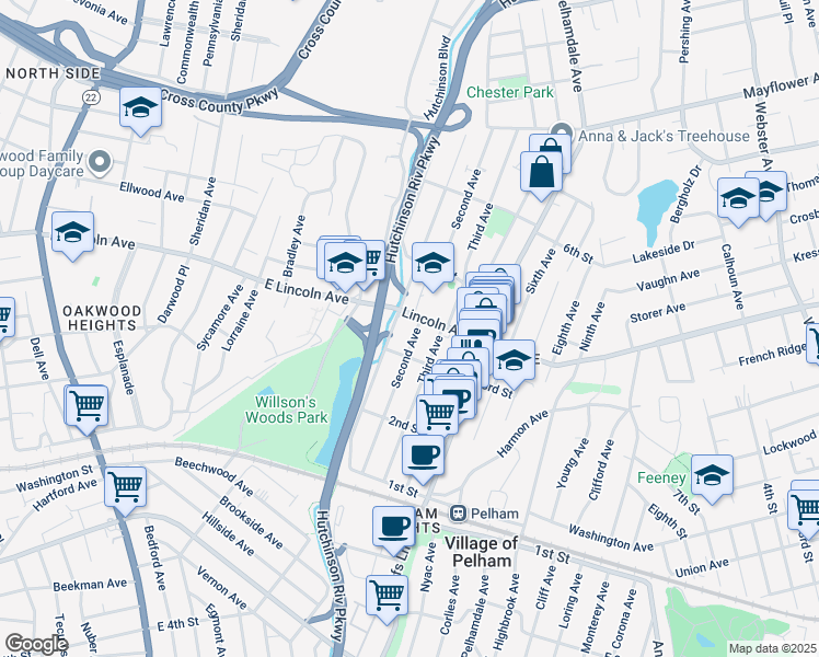 map of restaurants, bars, coffee shops, grocery stores, and more near 223 Second Avenue in Village of Pelham