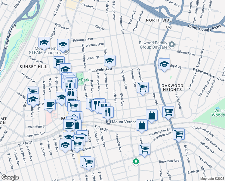 map of restaurants, bars, coffee shops, grocery stores, and more near 126 Rich Avenue in Mount Vernon