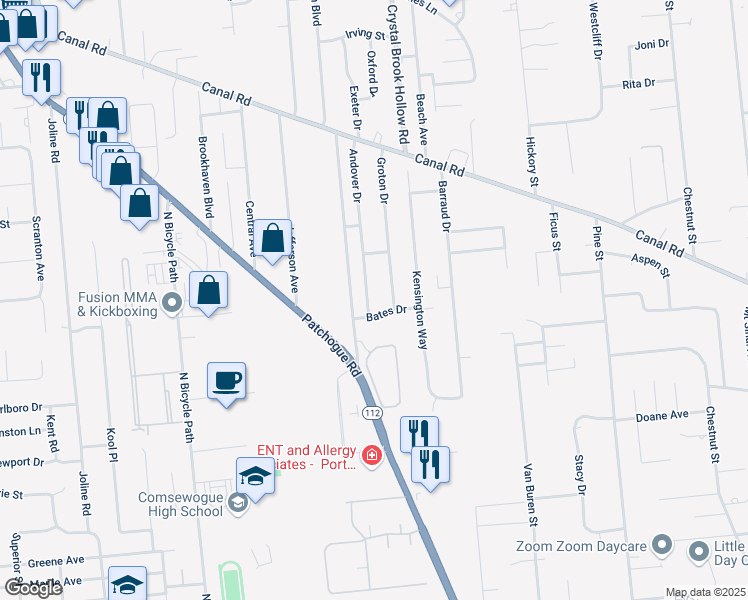 map of restaurants, bars, coffee shops, grocery stores, and more near 33 Andover Drive in Port Jefferson Station
