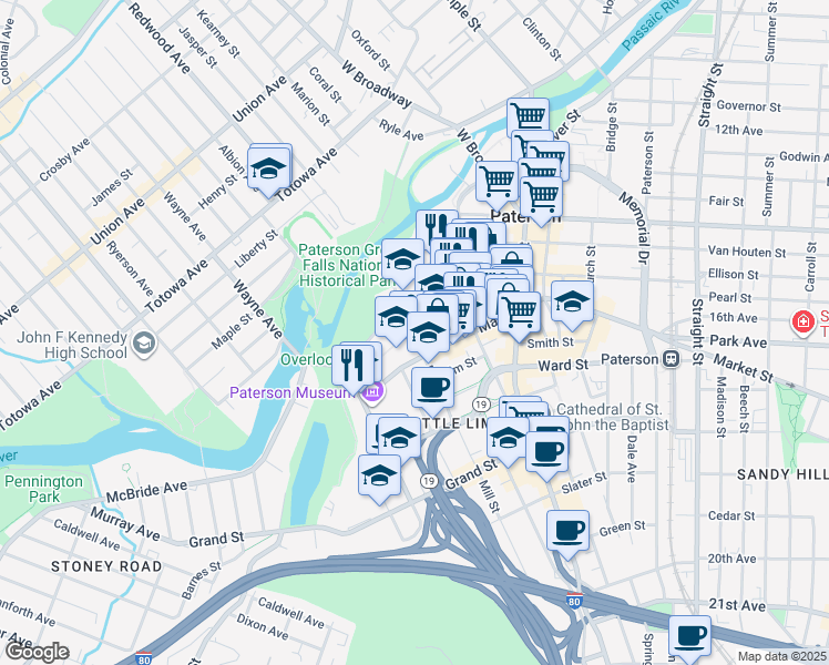map of restaurants, bars, coffee shops, grocery stores, and more near Mill Street & Passaic Street in Paterson