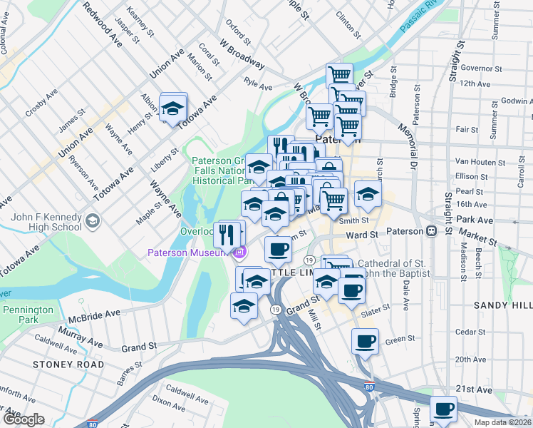 map of restaurants, bars, coffee shops, grocery stores, and more near Mill Street & Passaic Street in Paterson