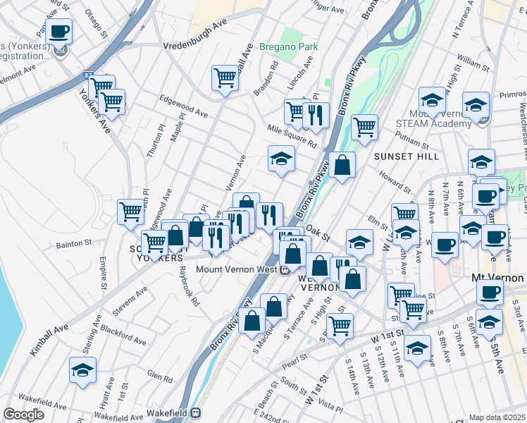map of restaurants, bars, coffee shops, grocery stores, and more near 17 Crescent Place in Yonkers