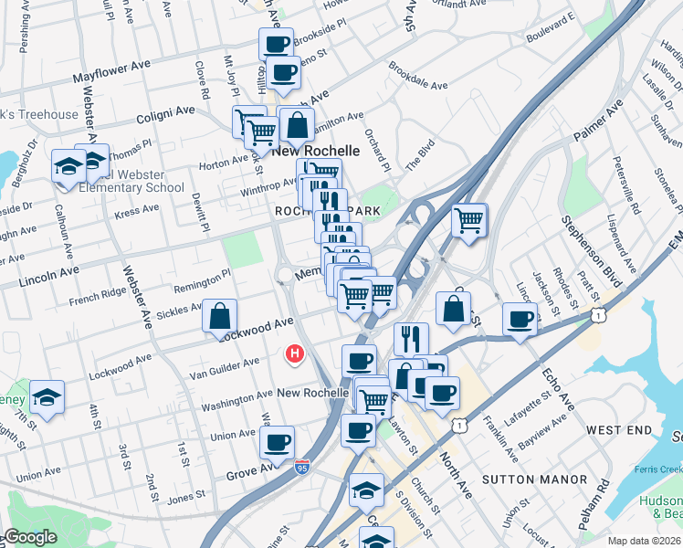 map of restaurants, bars, coffee shops, grocery stores, and more near 1 Sickles Avenue in New Rochelle