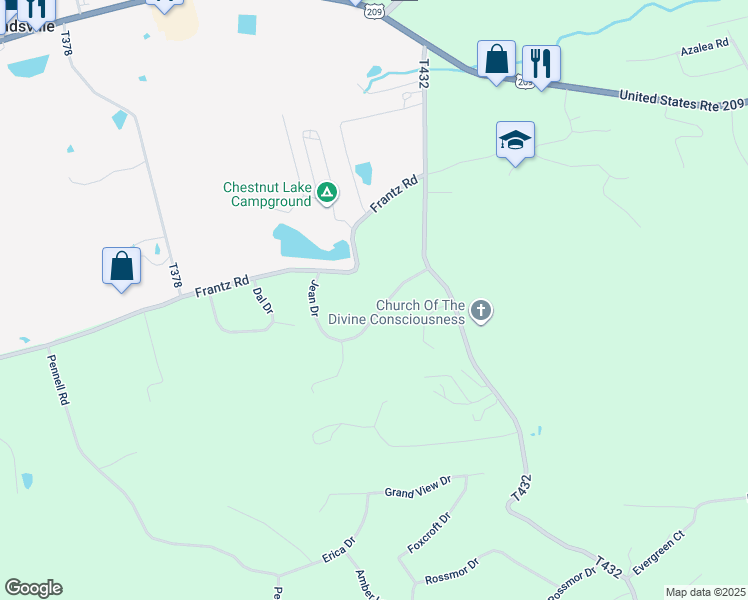 map of restaurants, bars, coffee shops, grocery stores, and more near 167 Jean Drive in Brodheadsville